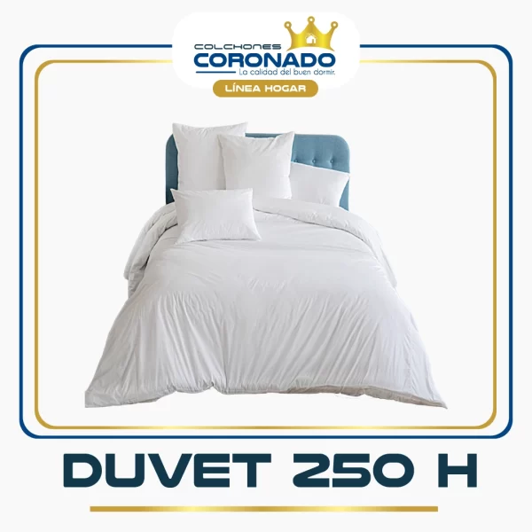 Duvet con relleno sintético hilos blanco con almohadas encima de la cama.